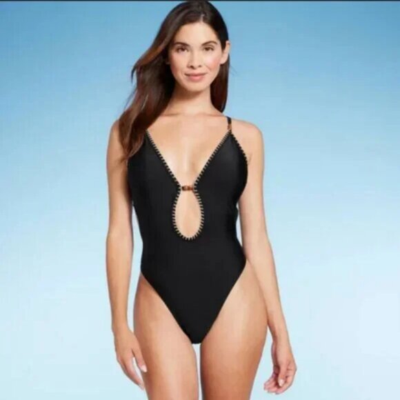 Women's Plunge Bead Detail Extra High Leg One Piece Swimsuit - Shade & Shore M - Picture 7 of 7